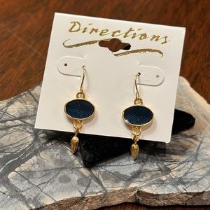 Vintage teal blue jeweled tone enamel and gold dangle bead hook pierced earrings